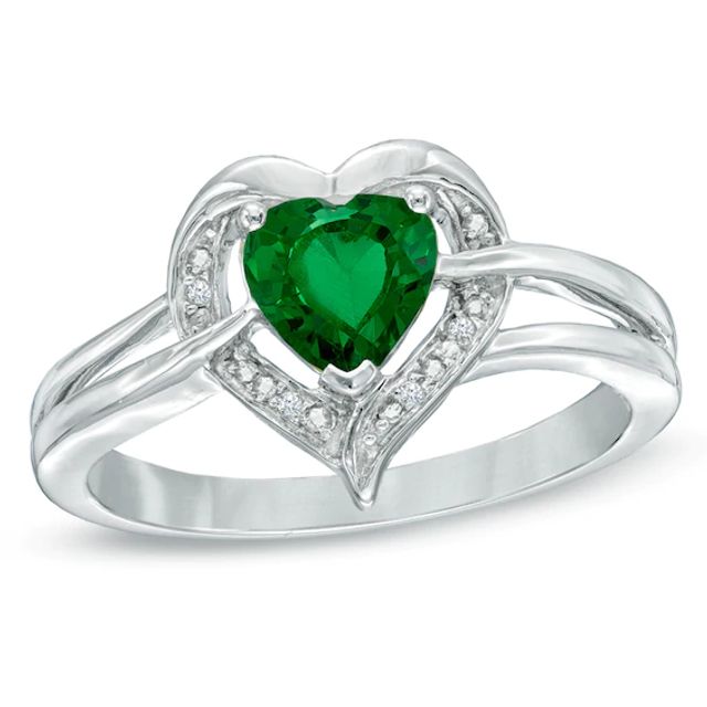 6.0mm Heart-Shaped Lab-Created Emerald and Diamond Accent Ring in Sterling Silver