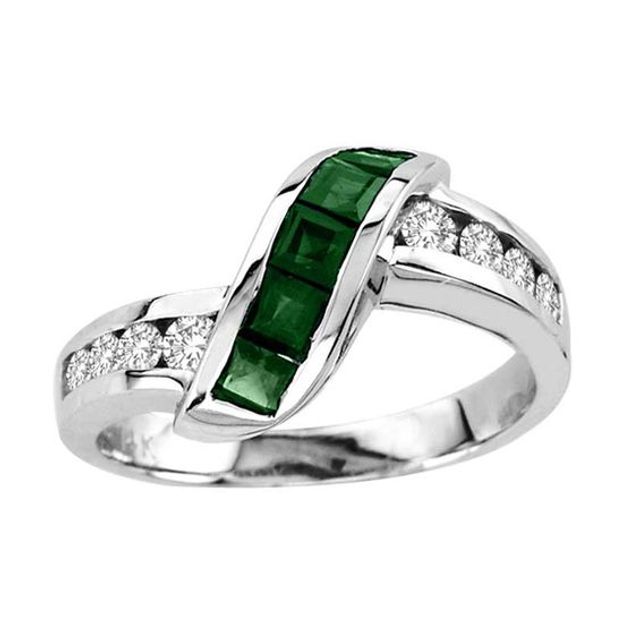 Princess-Cut Emerald and 1/3 CT. T.w. Diamond Slant Ring in 14K White Gold