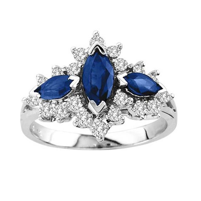 Marquise-Cut Blue Sapphire and 1/2 CT. T.w. Diamond Three Stone Ring in 14K White Gold