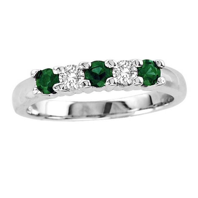 Emerald and 1/5 CT. T.w. Diamond Five Stone Band in 14K White Gold