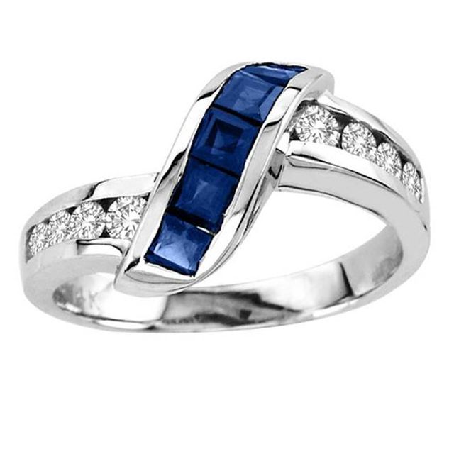 Princess-Cut Blue Sapphire and 1/3 CT. T.w. Diamond Slant Ring in 14K White Gold