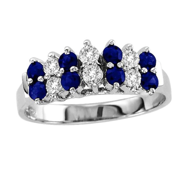 Blue Sapphire and 1/3 CT. T.w. Diamond Double Row Band in 14K White Gold