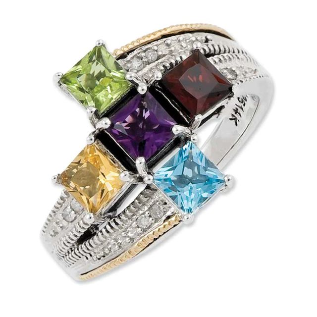 Mother's Princess-Cut Simulated Birthstone and Diamond Accent Ring in Sterling Silver and 14K Gold (5 Stones)