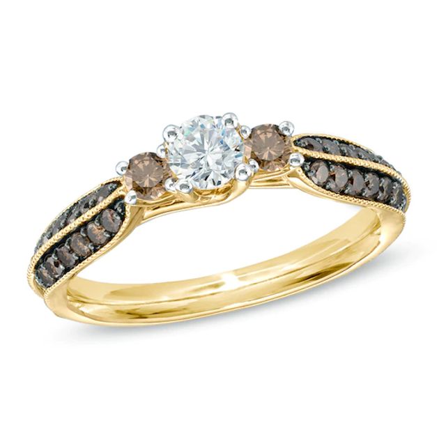 3/4 CT. T.w. Champagne and White Diamond Three Stone Engagement Ring in 14K Gold