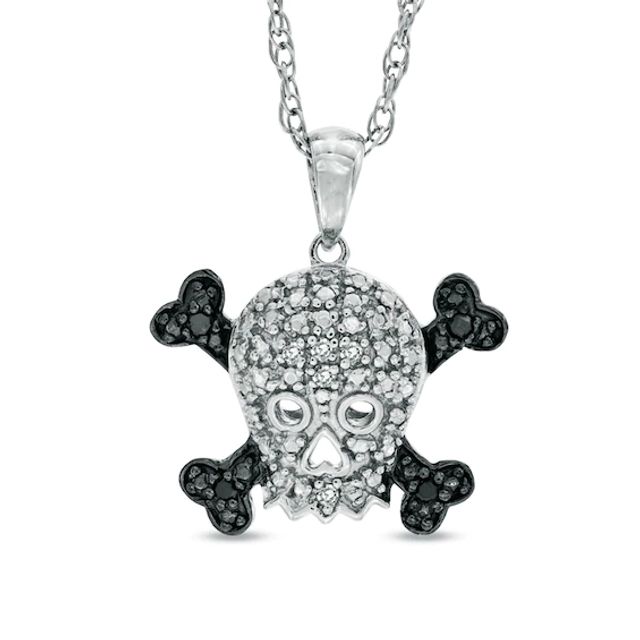 Enhanced Black and White Diamond Accent Skull with Crossbones Pendant in Sterling Silver