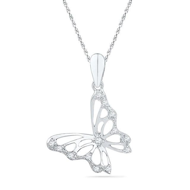 Diamond Accent Tilted Butterfly Pendant in 10K White Gold