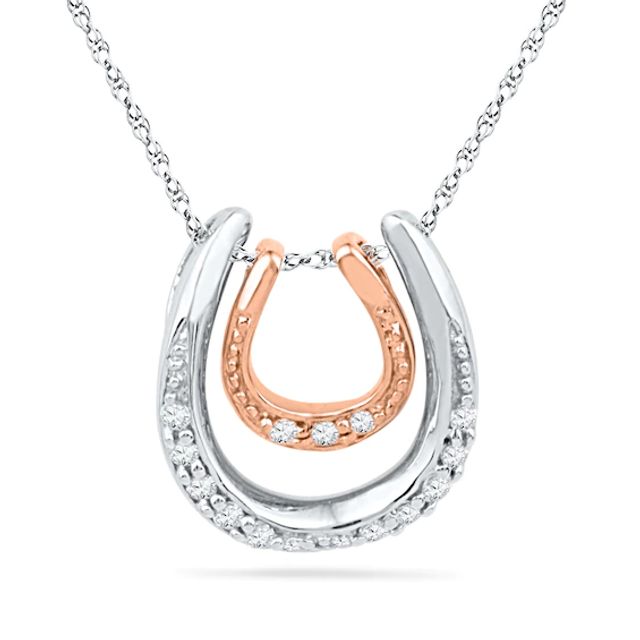 Diamond Accent Double Horseshoe Pendant in Sterling Silver and 10K Rose Gold