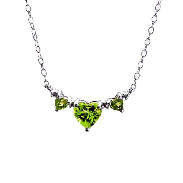 Heart-Shaped Peridot and Diamond Accent Three Stone Necklace in Sterling Silver