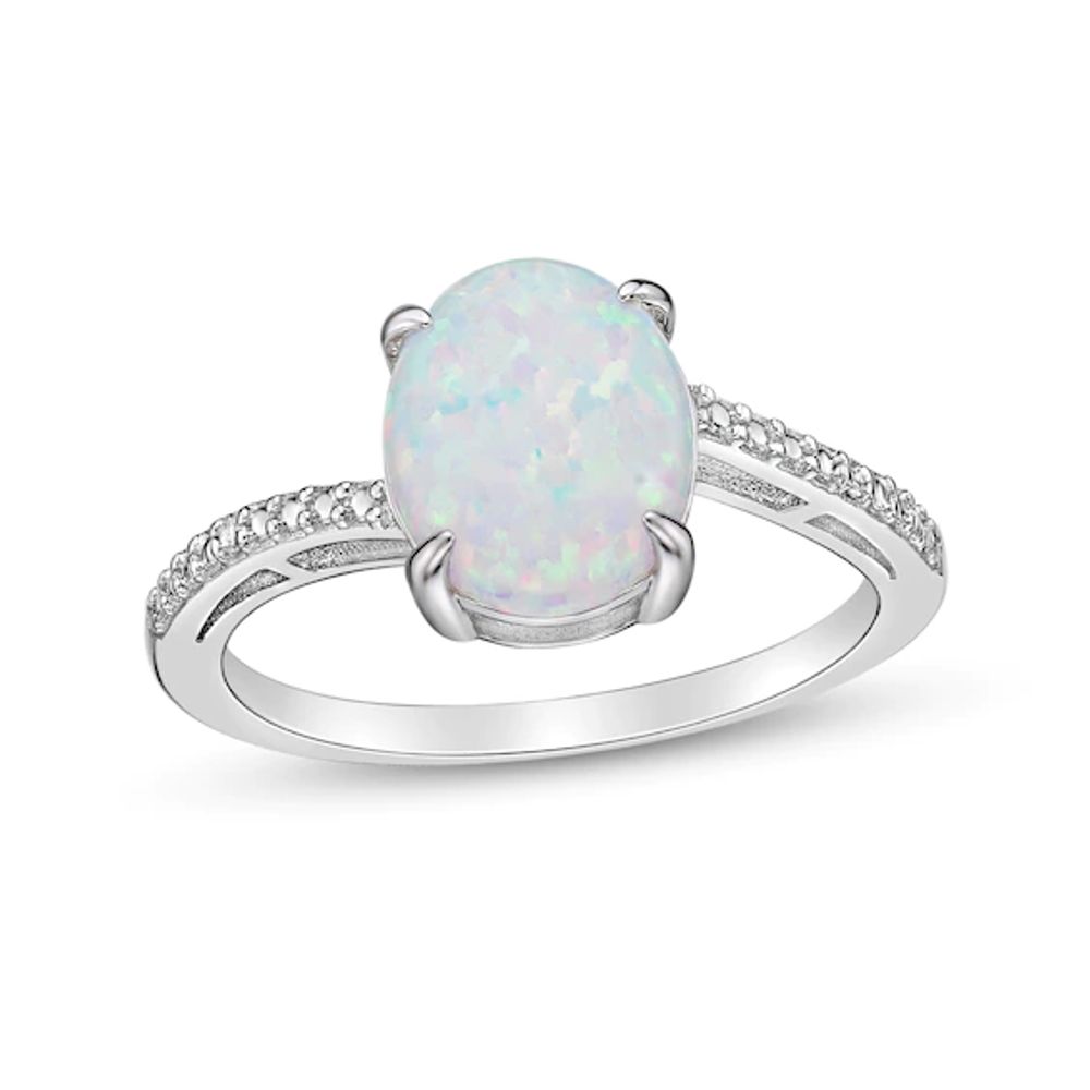 Oval Lab-Created Opal and Diamond Accent Ring in Sterling Silver