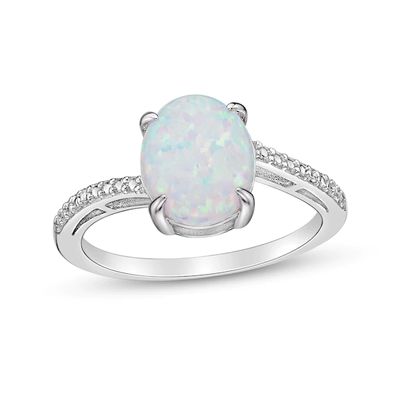 Oval Lab-Created Opal and Diamond Accent Ring in Sterling Silver