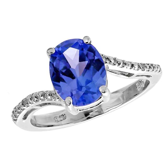 Oval Lab-Created Blue Sapphire and Diamond Accent Ring in Sterling Silver