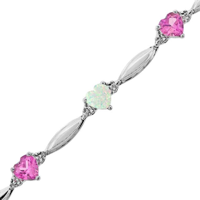 Heart-Shaped Lab-Created Opal, Pink Sapphire and Diamond Accent Bracelet in Sterling Silver
