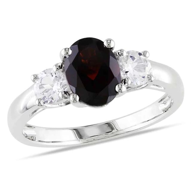 Oval Garnet and Lab-Created White Sapphire Three Stone Ring Sterling Silver