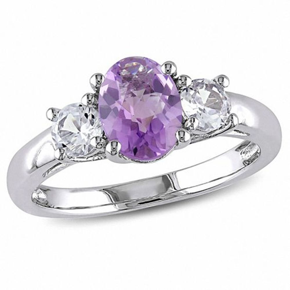 Oval Amethyst and Lab-Created White Sapphire Three Stone Ring in Sterling Silver