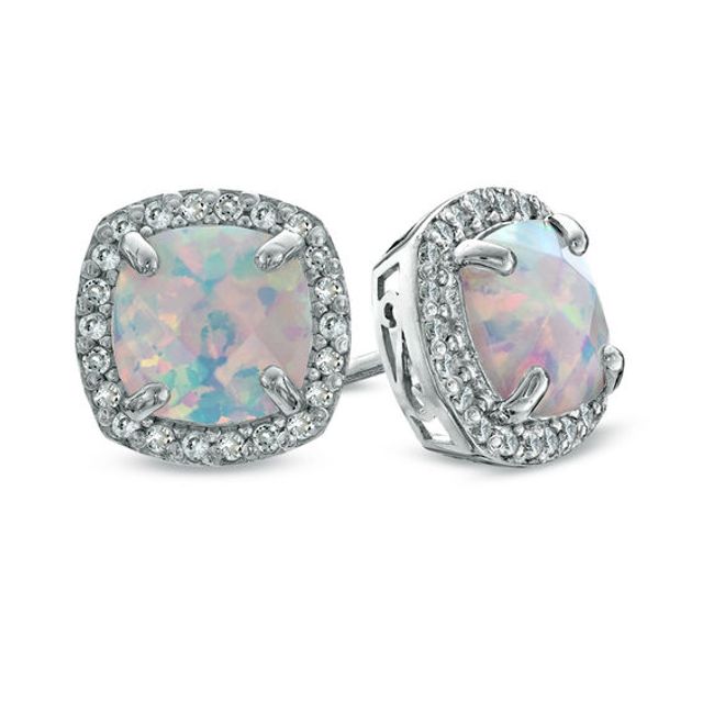 7.0mm Cushion-Cut Lab-Created Opal and White Sapphire Frame Stud Earrings in Sterling Silver