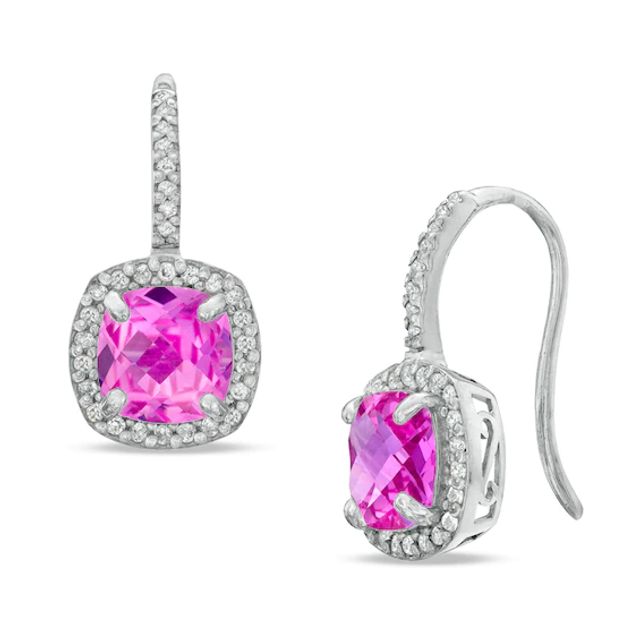 7.0mm Cushion-Cut Lab-Created Pink and White Sapphire Frame Drop Earrings in Sterling Silver