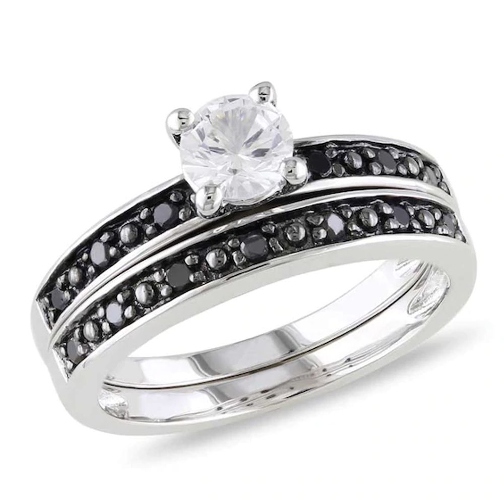 5.0mm Lab-Created White Sapphire and 1/5 CT. T.w. Black Diamond Bridal Set in Sterling Silver