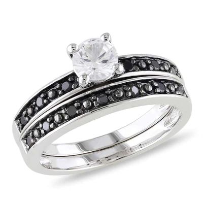 5.0mm Lab-Created White Sapphire and 1/5 CT. T.w. Black Diamond Bridal Set Sterling Silver