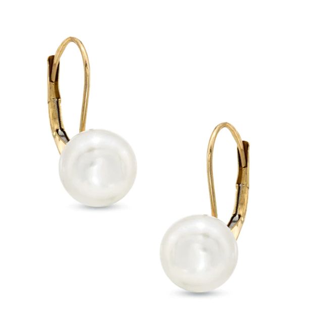 8.0 - 9.0mm Button Cultured Freshwater Pearl Drop Earrings in 14K Gold