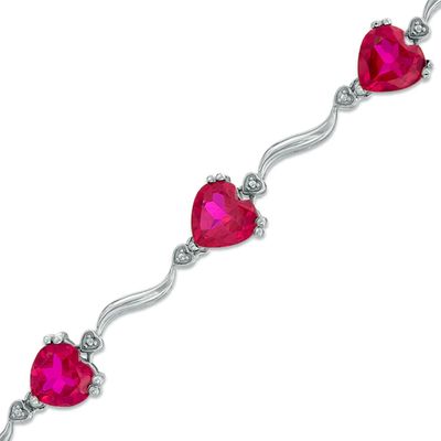 8.0mm Heart-Shaped Lab-Created Ruby and Diamond Accent Bracelet in Sterling Silver - 7.25"