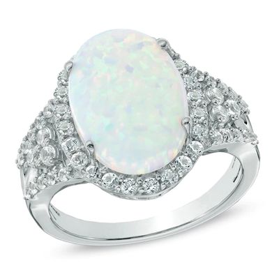 Oval Lab-Created Opal and White Sapphire Ring in Sterling Silver