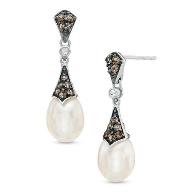 6.5-7.0mm Freshwater Cultured Pearl, Smoky Quartz and Lab-Created White Sapphire Earrings in Sterling Silver