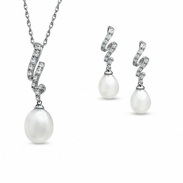 7.0 - 8.5mm Cultured Freshwater Pearl and Lab-Created White Sapphire Pendant and Drop Earrings Set in Sterling Silver