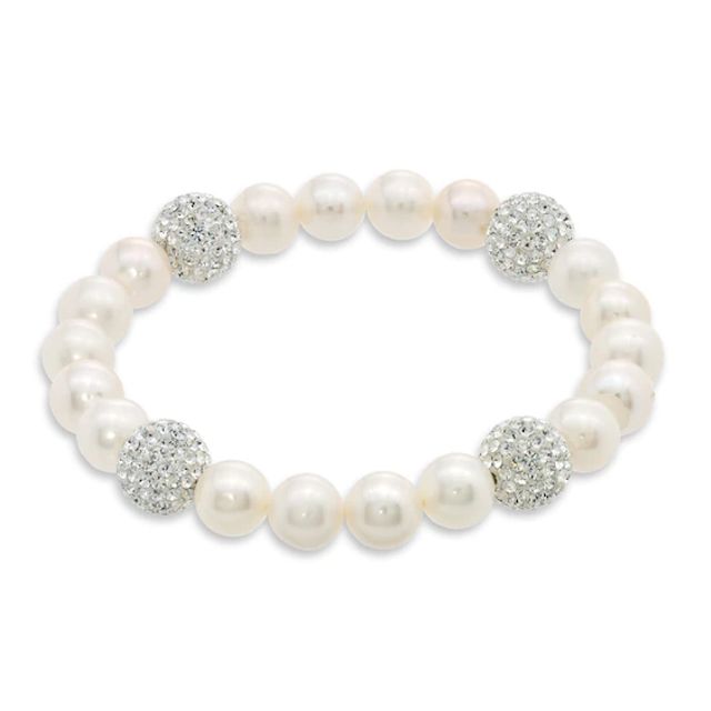 8.0-9.0mm Freshwater Cultured Pearl and Crystal Bead Bracelet-7.25"