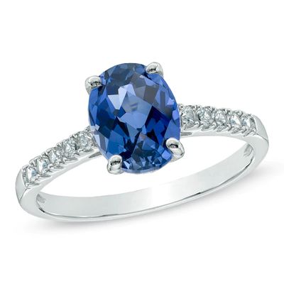 Oval Lab-Created Blue and White Sapphire Ring in 10K White Gold