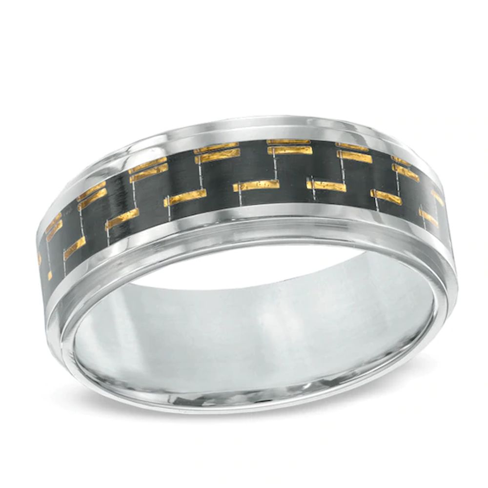 Men's 9.0mm Two-Tone Carbon Fiber Comfort Fit Wedding Band in Stainless Steel - Size 10