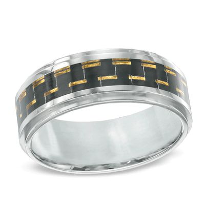 Men's 9.0mm Two-Tone Carbon Fiber Comfort Fit Wedding Band in Stainless Steel - Size 10