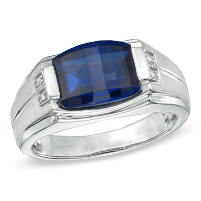 Men's Barrel-Shaped Lab-Created Blue Sapphire and Diamond Accent Ring in Sterling Silver