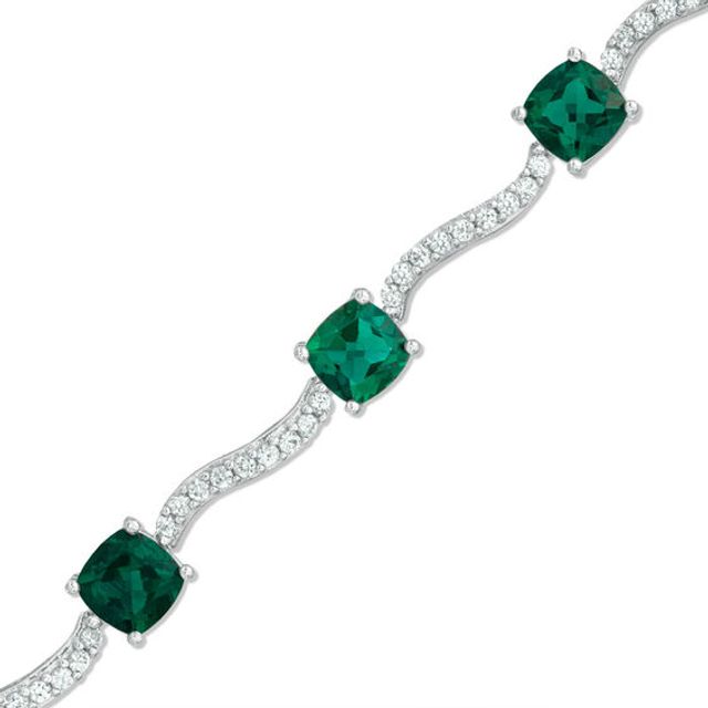 Cushion-Cut Lab-Created Emerald and White Sapphire Wave Bracelet in Sterling Silver - 7.25"