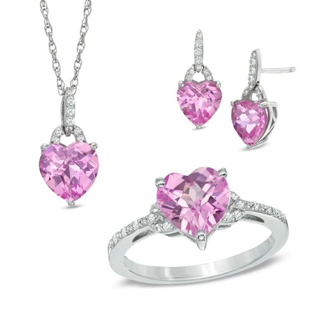 Lab-Created Pink and White Sapphire Pendant, Ring and Earrings Set in Sterling Silver - Size 7