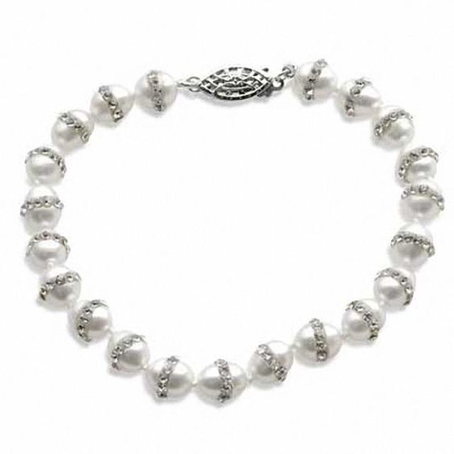 6.0-7.0mm Oval Freshwater Cultured Pearl and Crystal Bracelet in Sterling Silver-7.5"