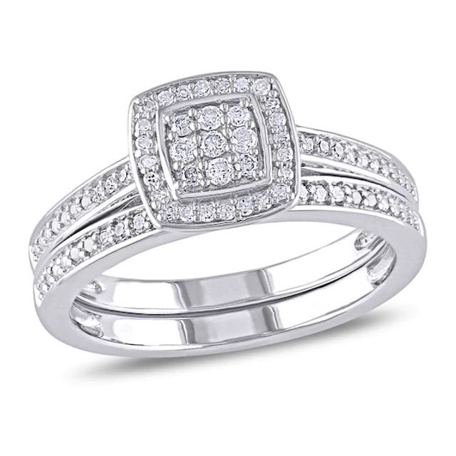 1/4 CT. T.w. Diamond Square Cluster Bridal Set in Sterling Silver