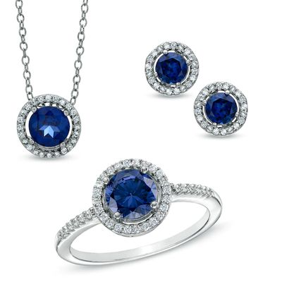 Lab-Created Blue and White Sapphire Pendant, Ring and Earrings Frame Set in Sterling Silver - Size 7