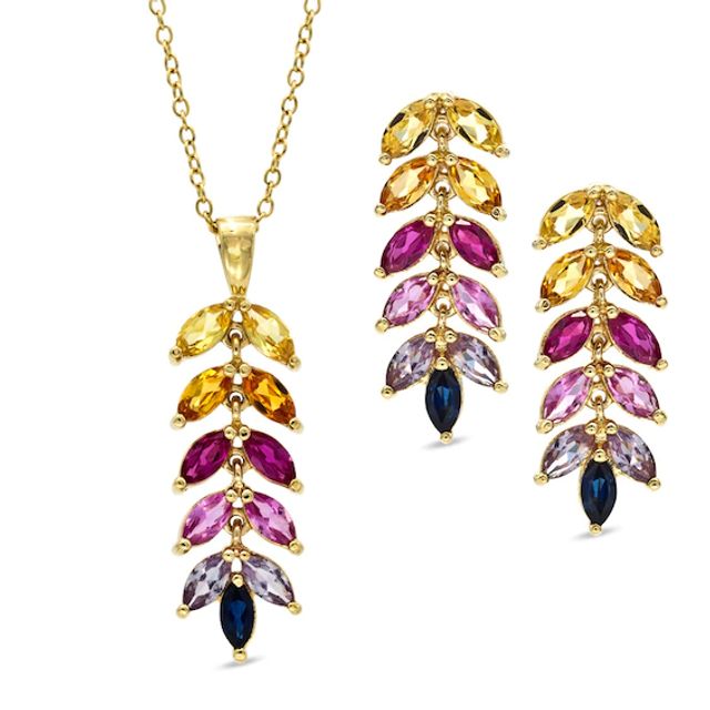 Marquise Lab-Created Multi-Gemstone Pendant and Drop Earrings Set in Sterling Silver with 18K Gold Plate