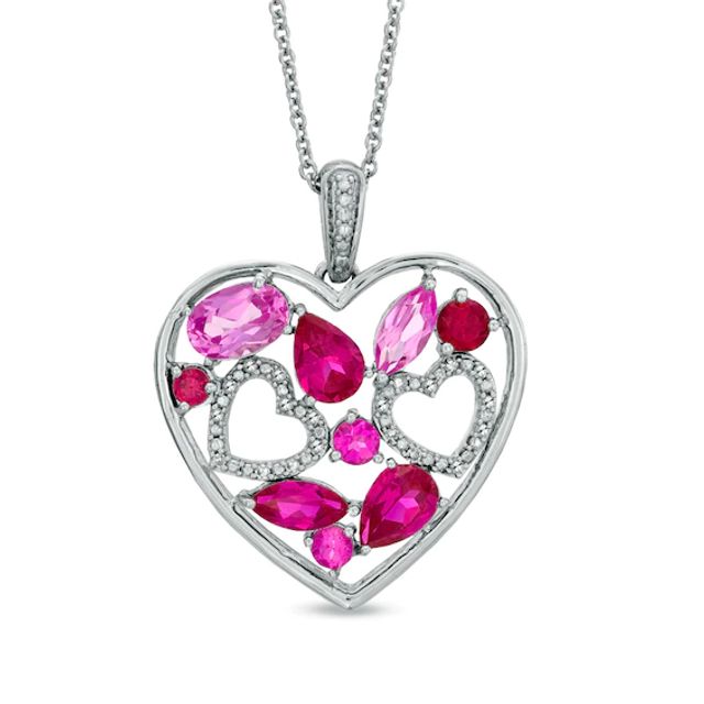 Lab-Created Ruby, Pink Sapphire and Diamond Accent Heart Pendant in Sterling Silver