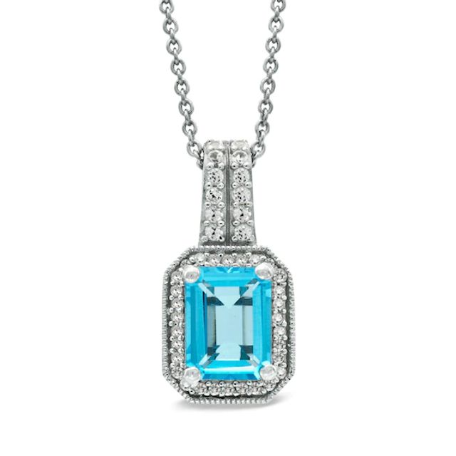 Octagonal Blue Topaz, Lab-Created White Sapphire and 1/10 CT. T.w. Diamond Pendant in Sterling Silver