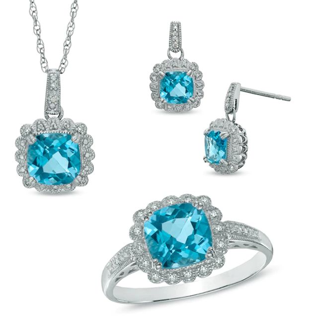 Swiss Blue Topaz and 1/10 CT. T.w. Diamond Pendant, Ring and Earrings Set in Sterling Silver - Size 7