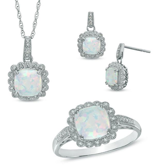 Lab-Created Opal and 1/10 CT. T.w. Diamond Pendant, Ring and Earrings Set in Sterling Silver - Size 7