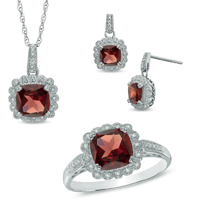 Garnet and 1/10 CT. T.w. Diamond Pendant, Ring and Earrings Set in Sterling Silver - Size 7