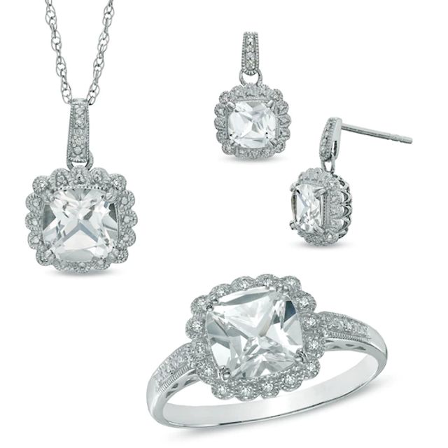 Lab-Created White Sapphire and 1/10 CT. T.w. Diamond Pendant, Ring and Earrings Set in Sterling Silver - Size 7