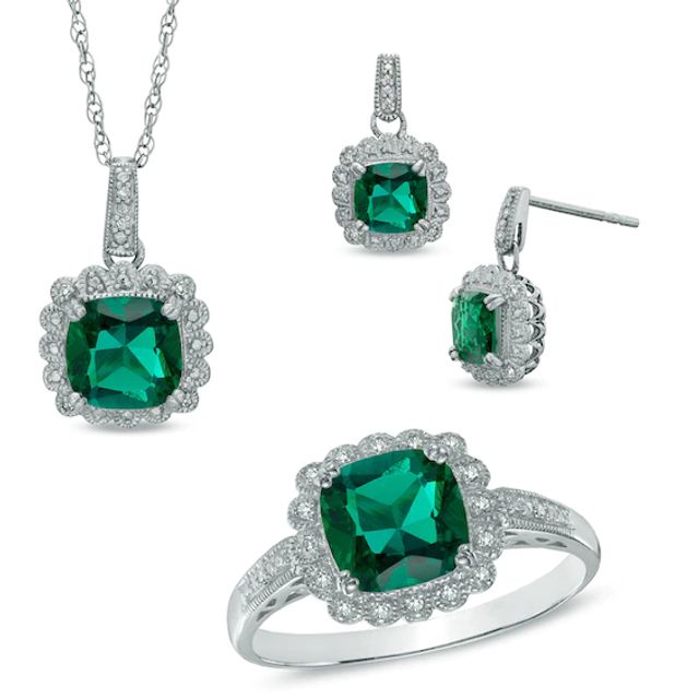 Lab-Created Emerald and 1/10 CT. T.w. Diamond Pendant, Ring and Earrings Set in Sterling Silver - Size 7