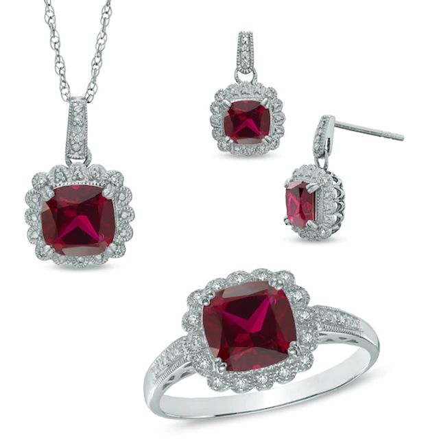 Lab-Created Ruby and 1/10 CT. T.w. Diamond Pendant, Ring and Earrings Set in Sterling Silver - Size 7