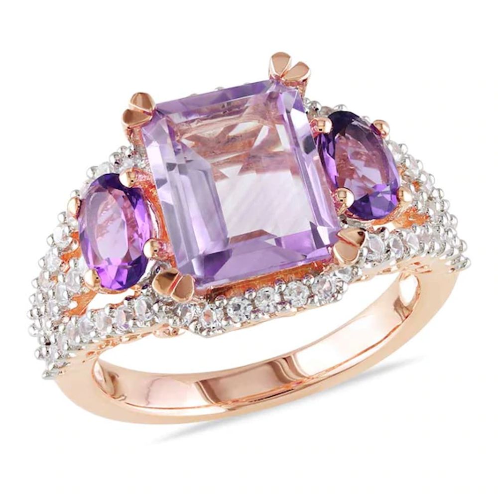 Emerald-Cut and Oval Amethyst Lab-Created White Sapphire Ring Rose Rhodium Sterling Silver