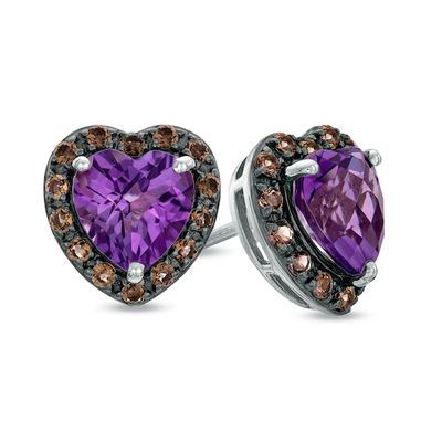 6.0mm Heart-Shaped Amethyst and Smoky Quartz Stud Earrings in Sterling Silver