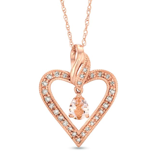 Pear-Shaped Morganite and 1/8 CT. T.w. Diamond Heart Pendant in 10K Rose Gold