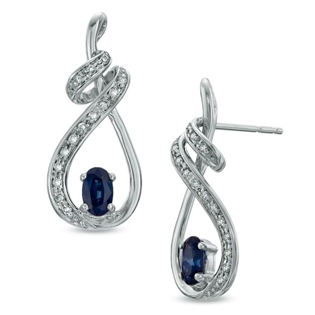 Oval Blue Sapphire and Diamond Accent Swirling Loop Earrings in 10K White Gold